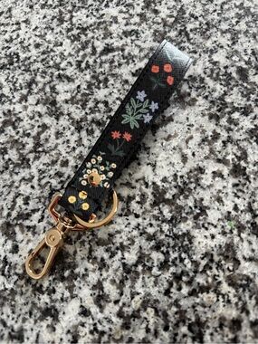 Rifle Paper Co. Black Floral Wristlet Key & Card Holder with Gold Hardware